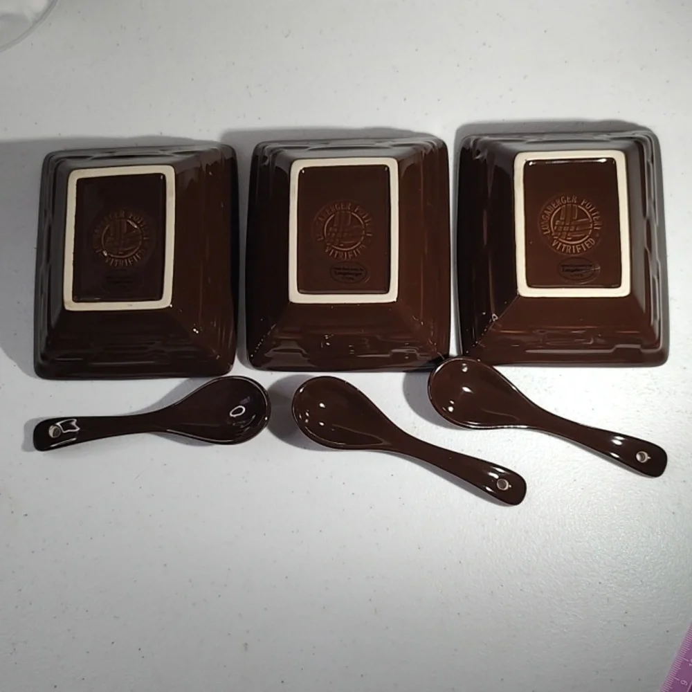 Longaberger Vitrified Pottery Set Of 3 Tasting Bowls  With Spoons In Chocolate